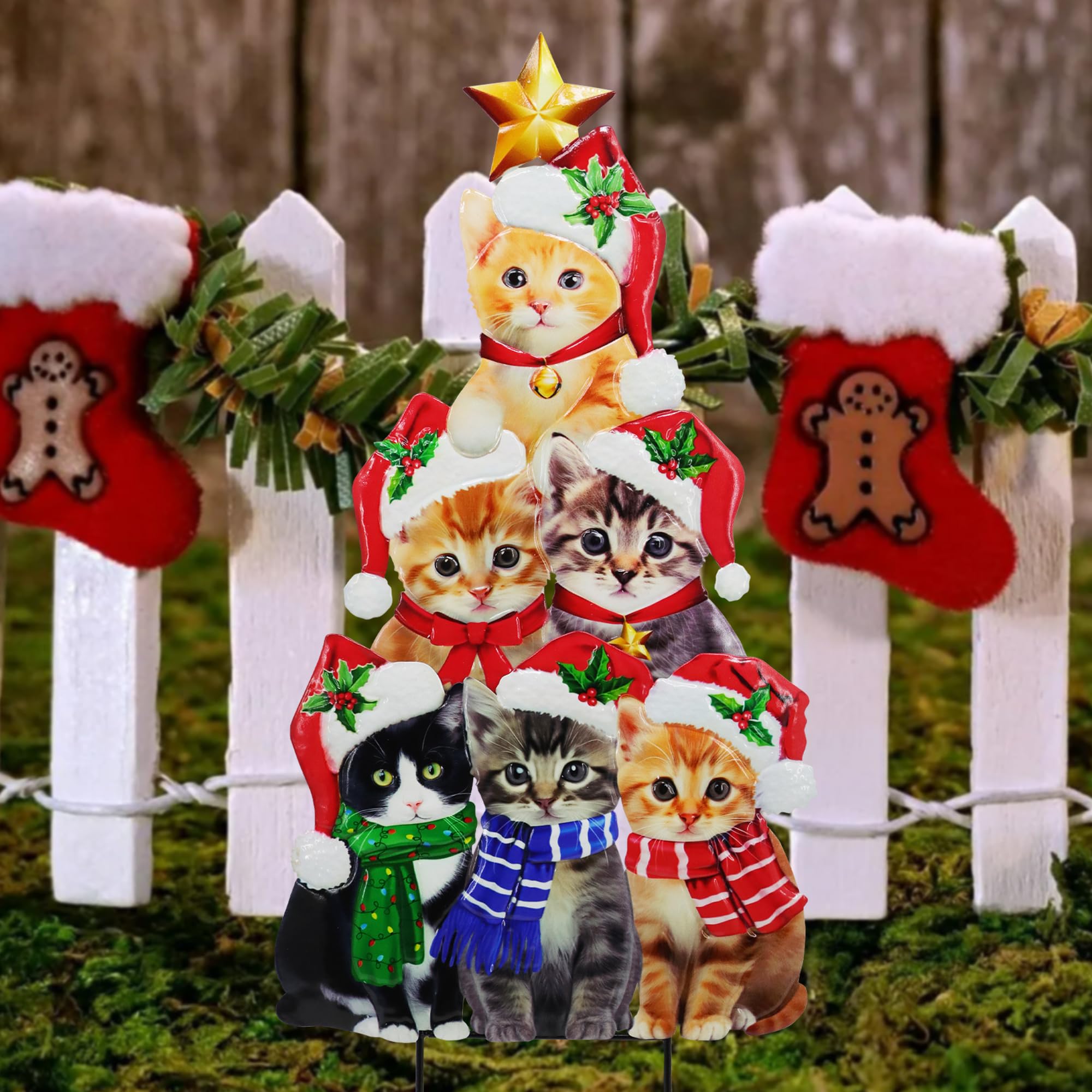 YNGFIL front view showing stacked cats stake, adds festive curb appeal