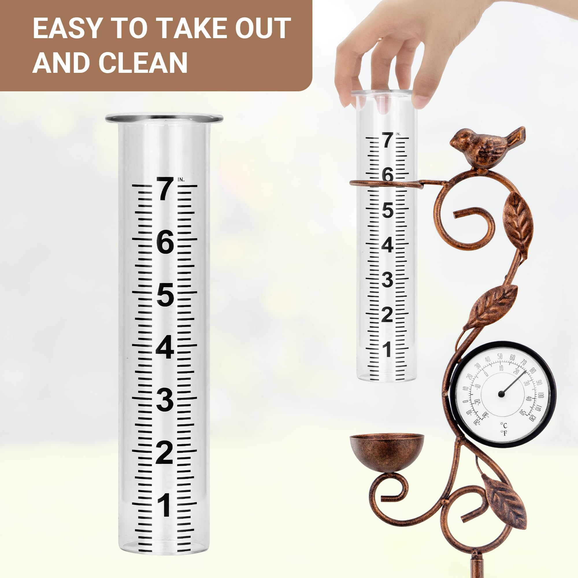 YNGFIL close-up of 7-inch glass tube graduation for precise rainfall tracking