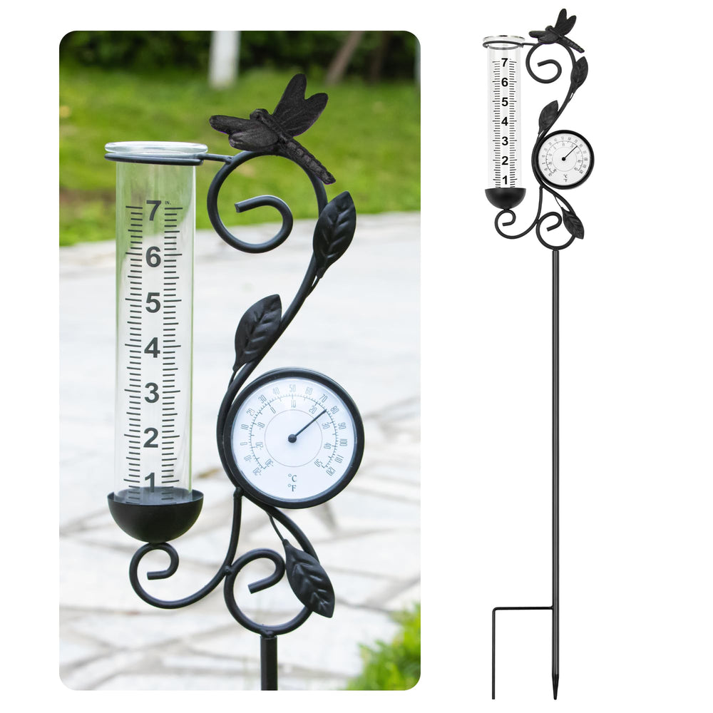 YNGFIL dragonfly rain gauge full view showing decorative design and stake benefit visibility