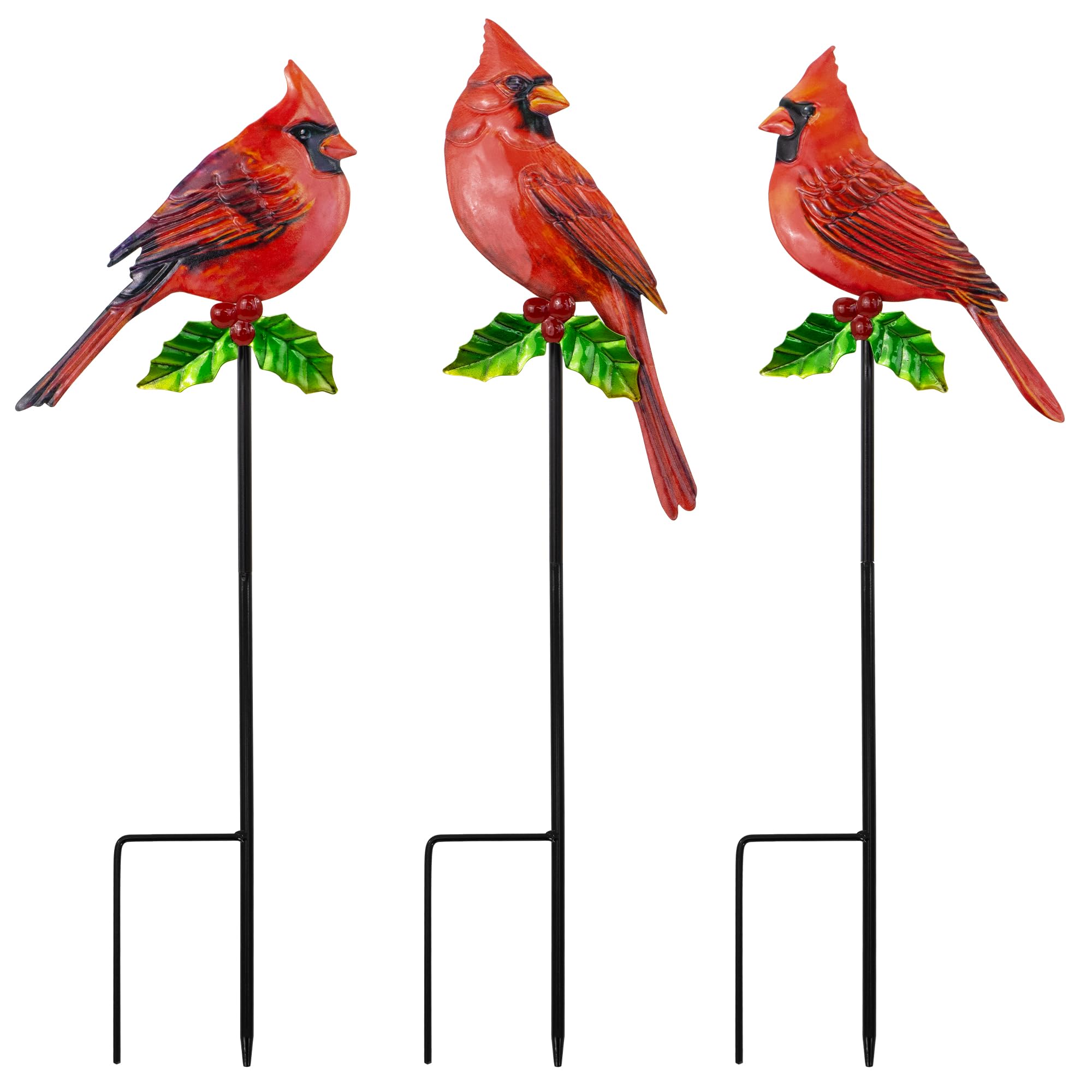 YNGFIL front view of three red bird garden stakes showcasing vibrant decorative design and curb appeal