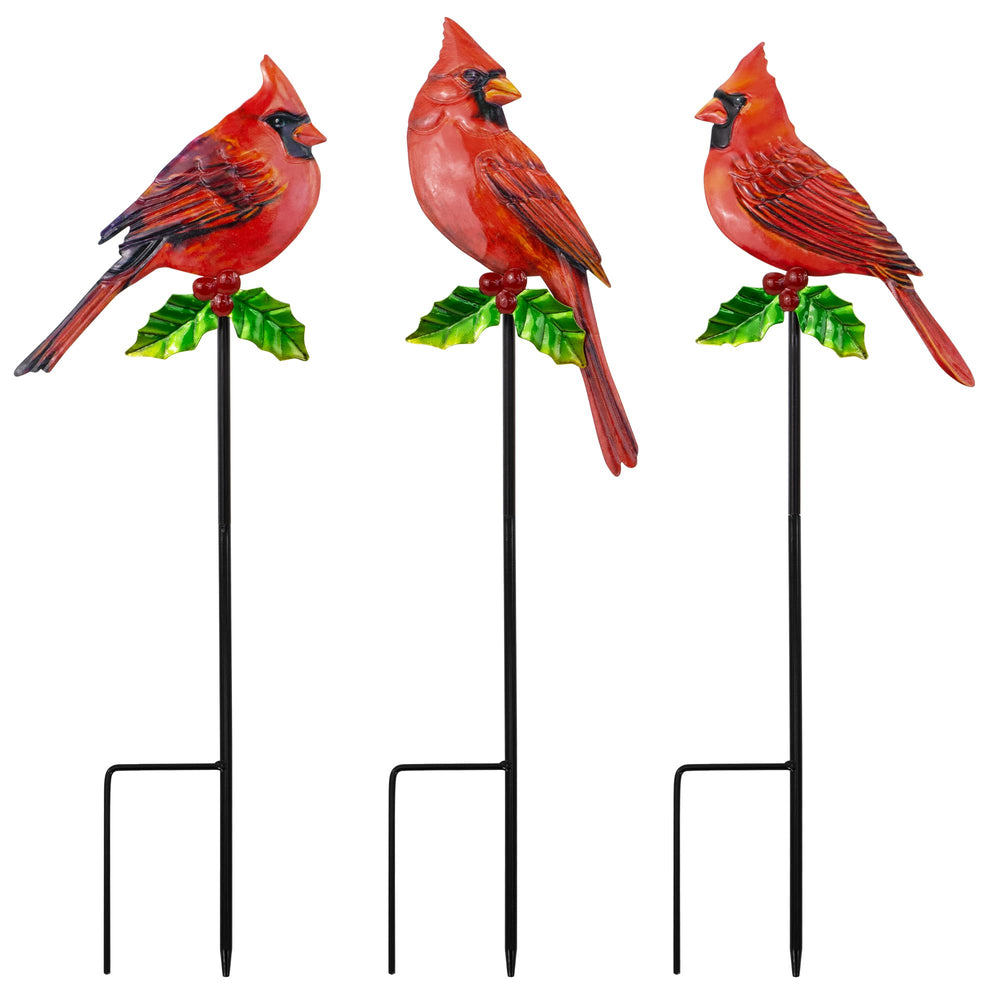 YNGFIL front view of three red bird garden stakes showcasing vibrant decorative design and curb appeal