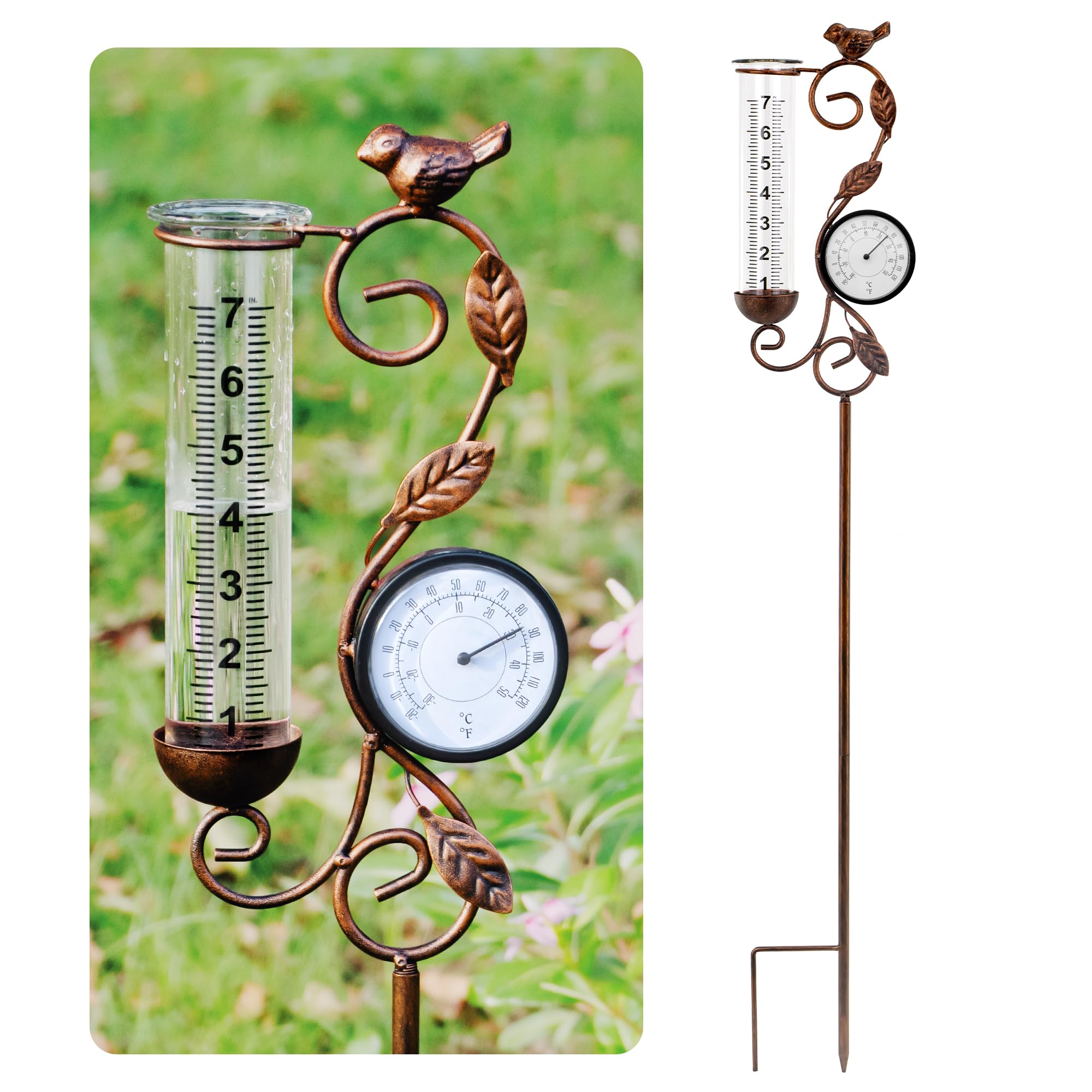 YNGFIL front view stake with bird showing garden charm and weather reading