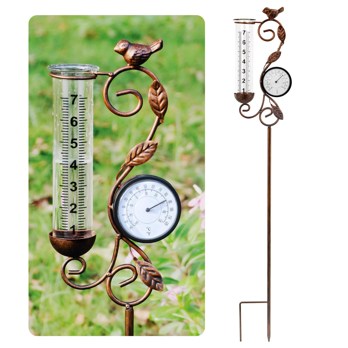 YNGFIL front view stake with bird showing garden charm and weather reading