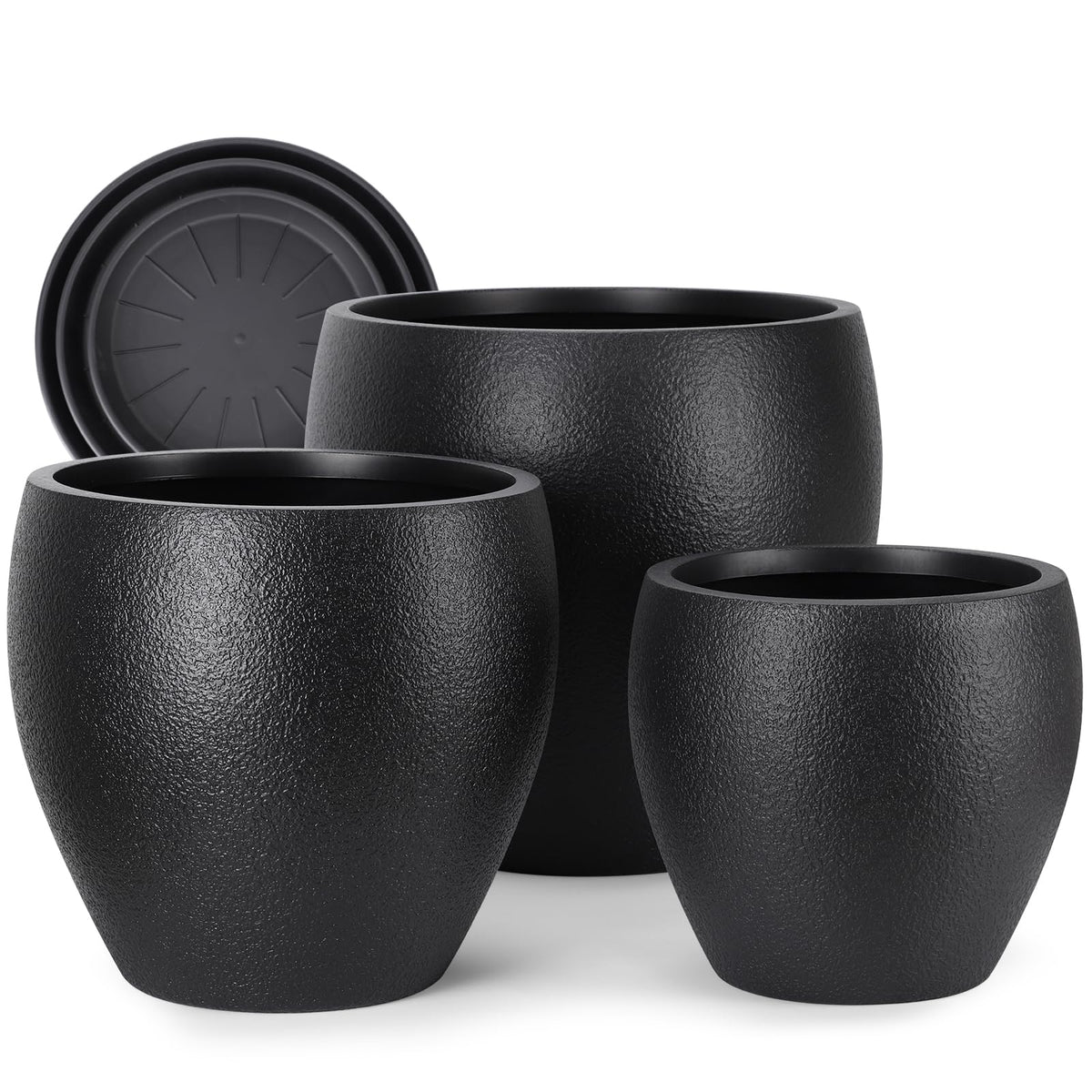 YNNICO front view of three black pots showing sizes and clean design for styling