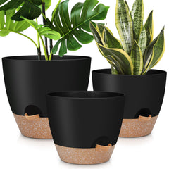 YNNICO front view of three black self-watering planters showing sizes and modern look