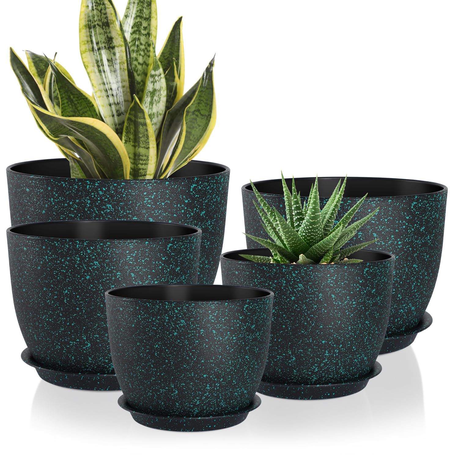 YNNICO front view of five green-speckled pots showing sizes and modern look
