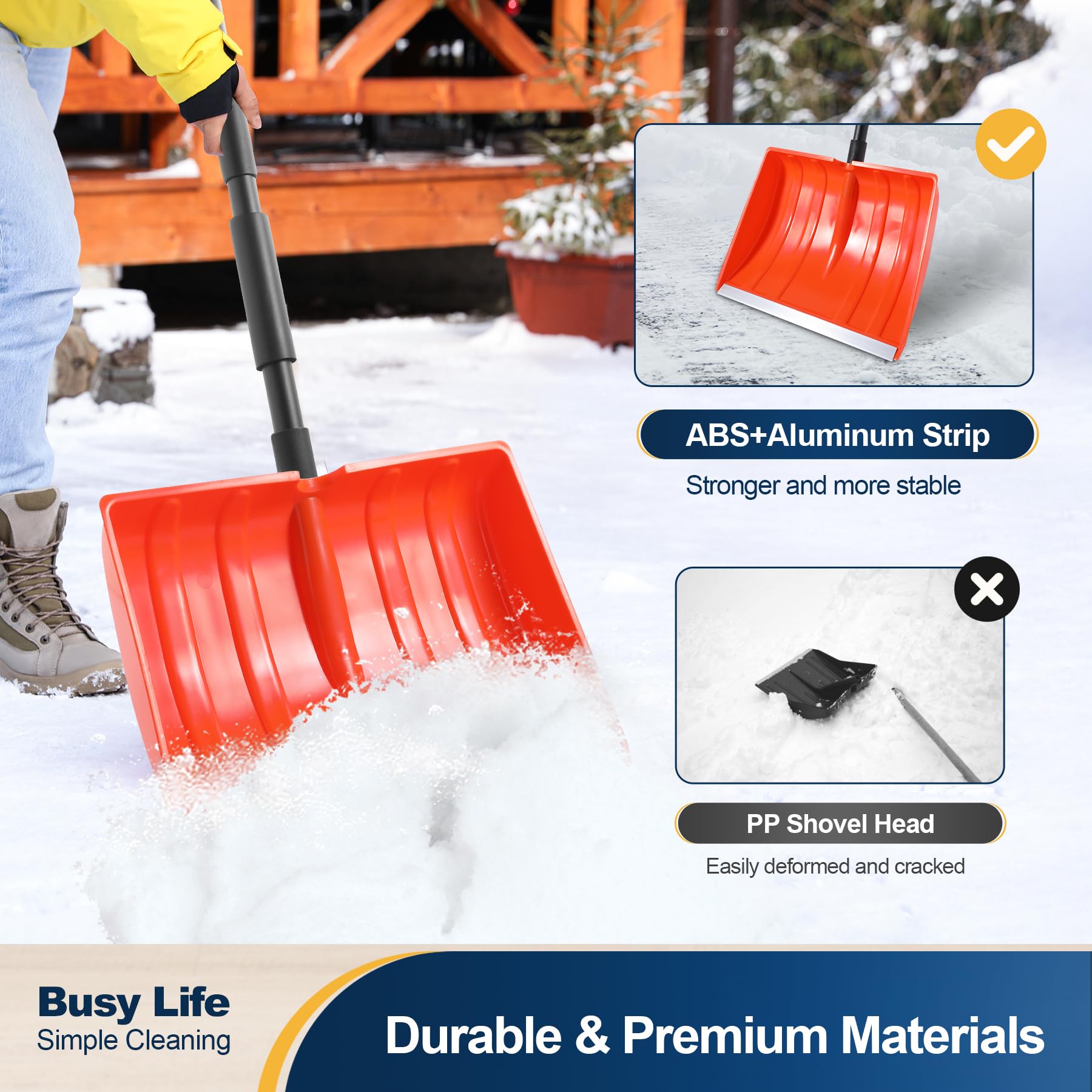 Yocada shovel beside a measuring tape showing adjustable 48-55 inch length