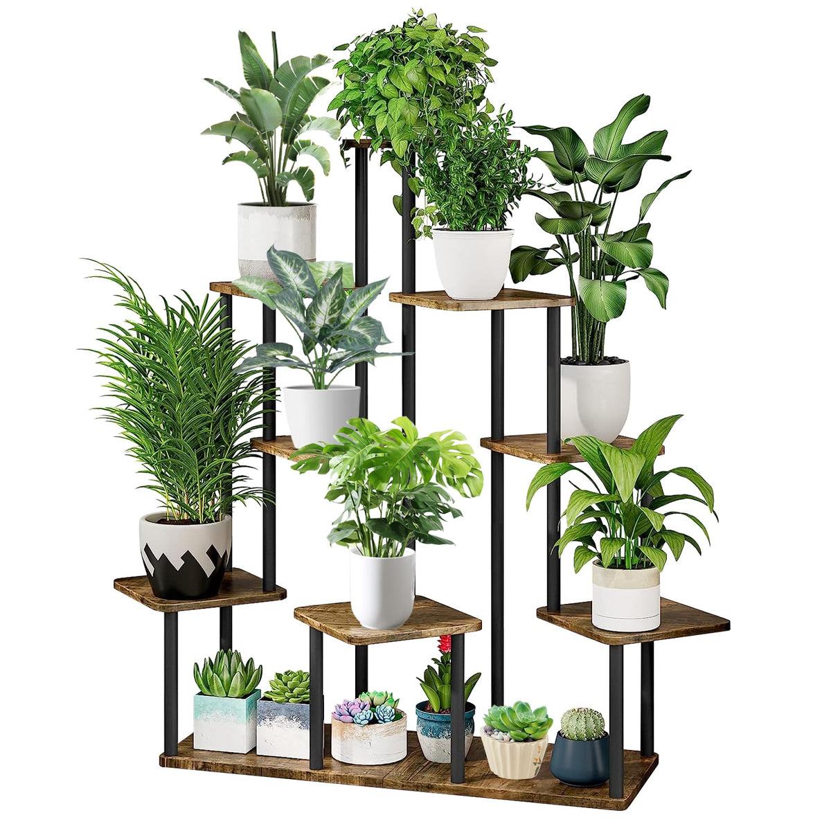 YOCOMEY front view of 9-tier plant stand showing capacity and organized display benefit
