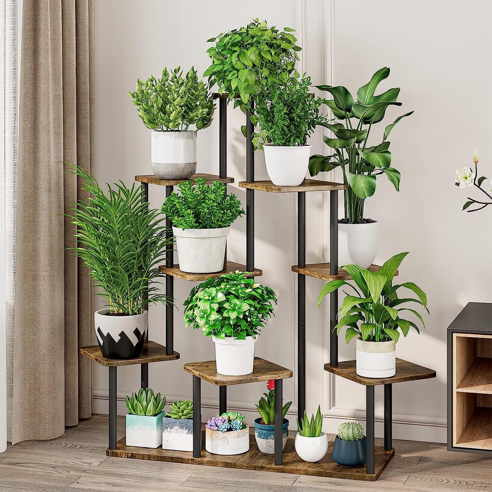 YOCOMEY corner shelf styled with mixed plants and decor to maximize space benefit