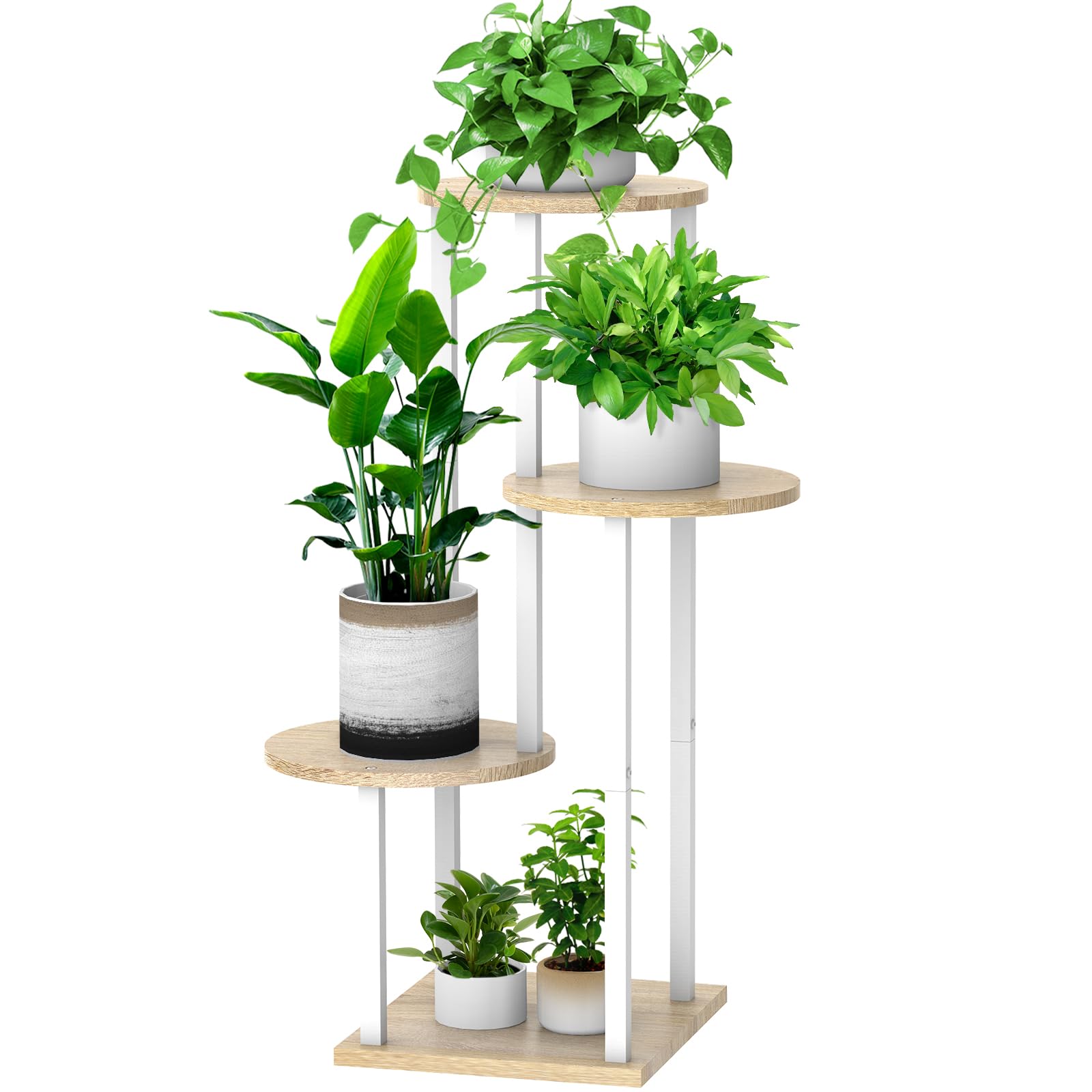 YOCOMEY front view of four-tier plant stand showing clean white frame and oak shelves, neat display