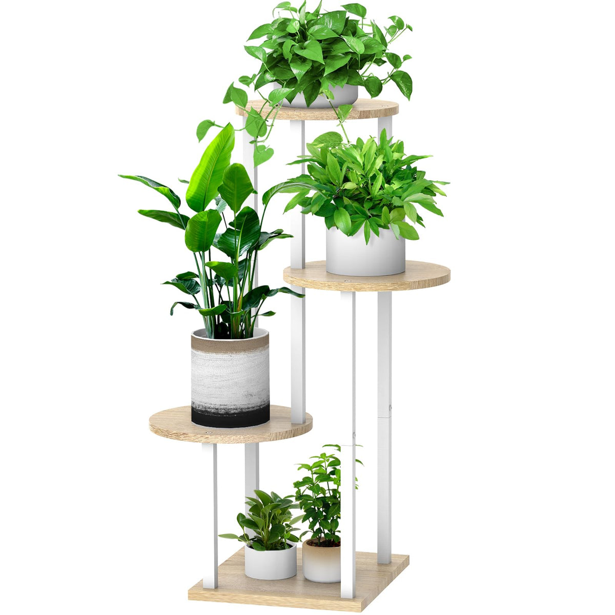 YOCOMEY front view of four-tier plant stand showing clean white frame and oak shelves, neat display
