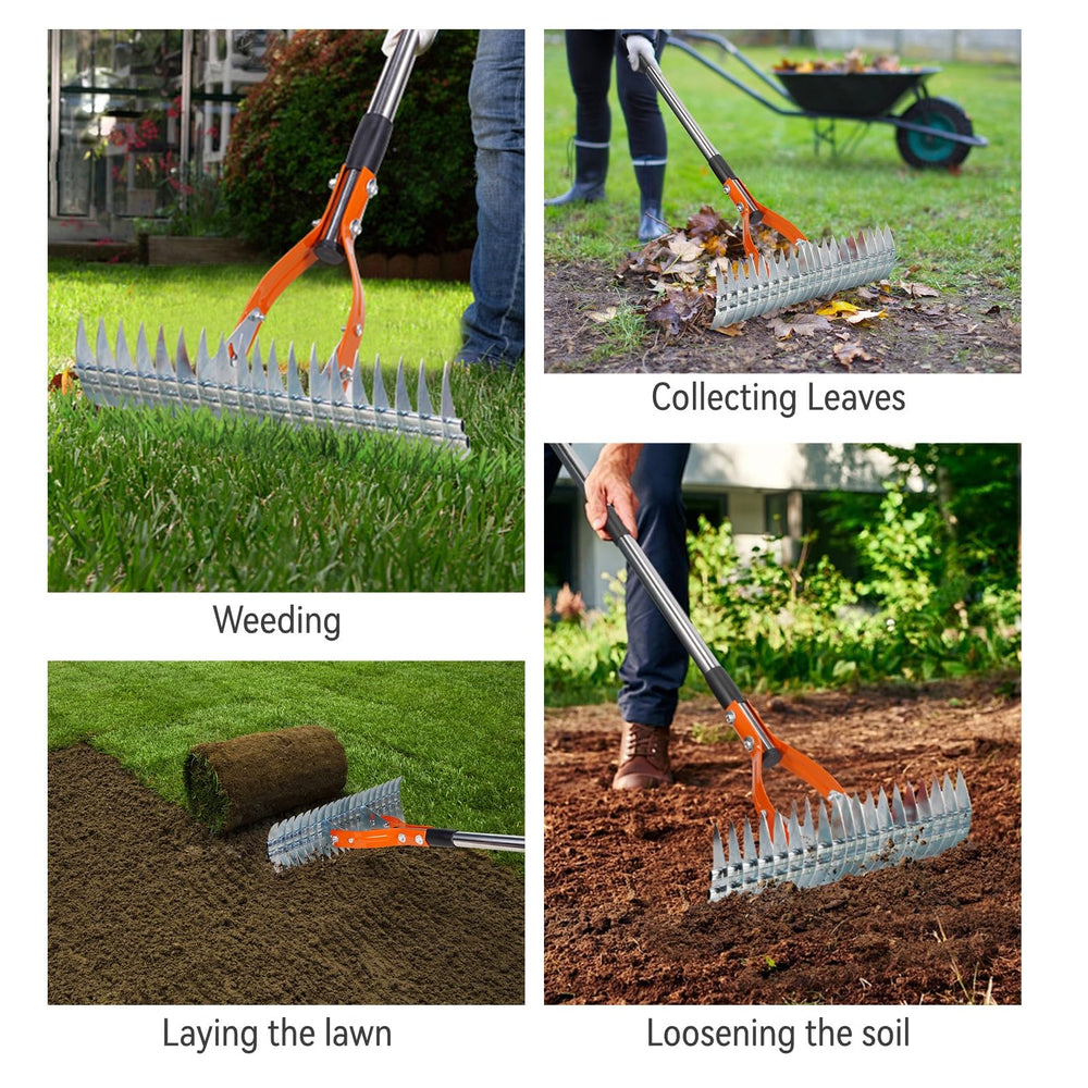 Yofidra rake next to measuring tape showing 70-inch adjustable handle for fit