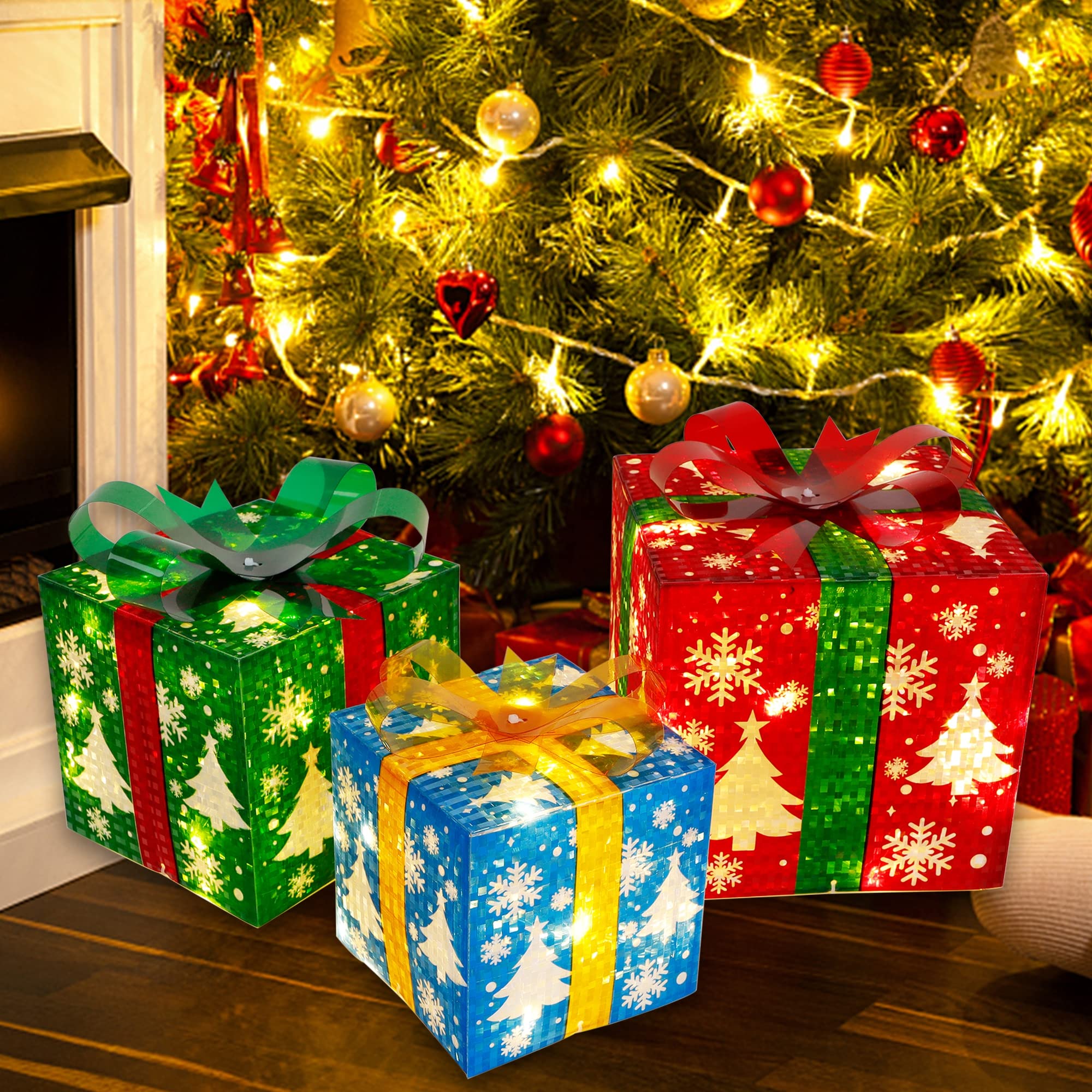 YOFIT lighted present front view showing festive pattern and glow benefit