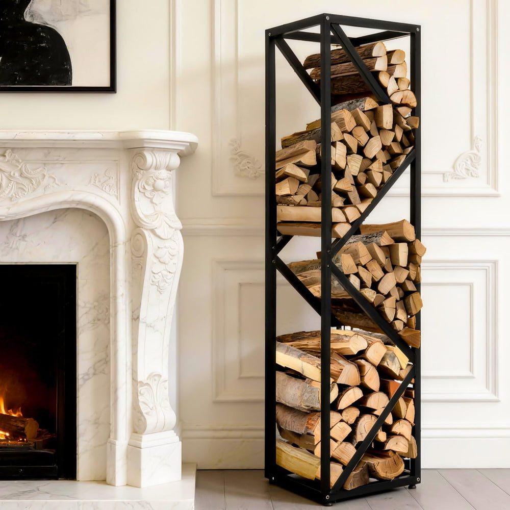 Yohsnor front view showing neat stacked logs and tidy storage benefit