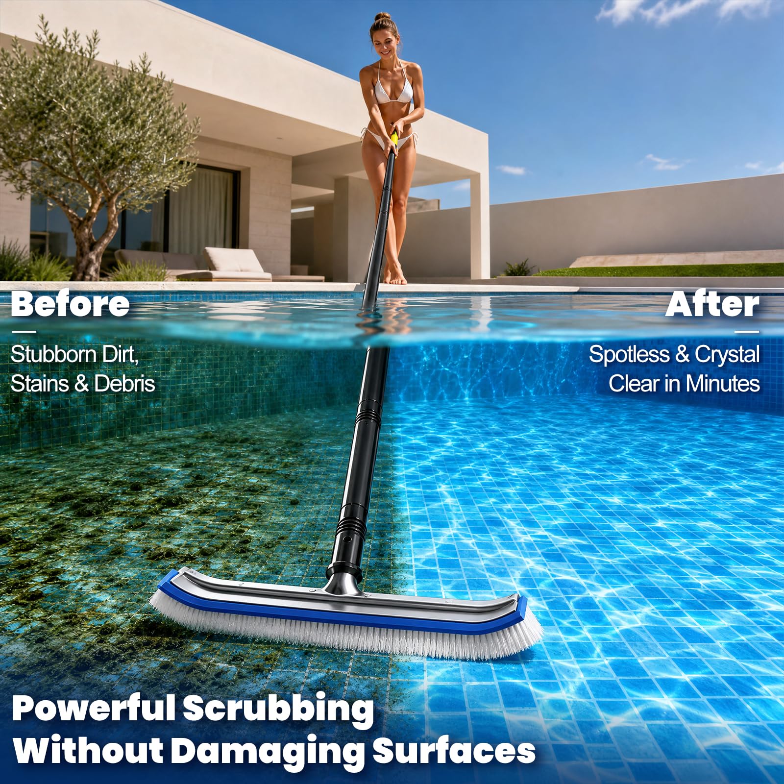 YOHSUGO close-up of 18" curved nylon brush head, contours lift dirt effectively