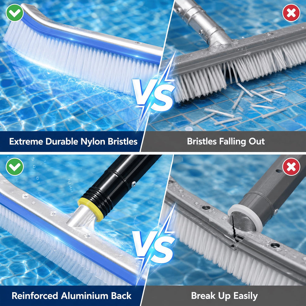 YOHSUGO brush scrubbing a pool wall, gentle on vinyl while removing buildup