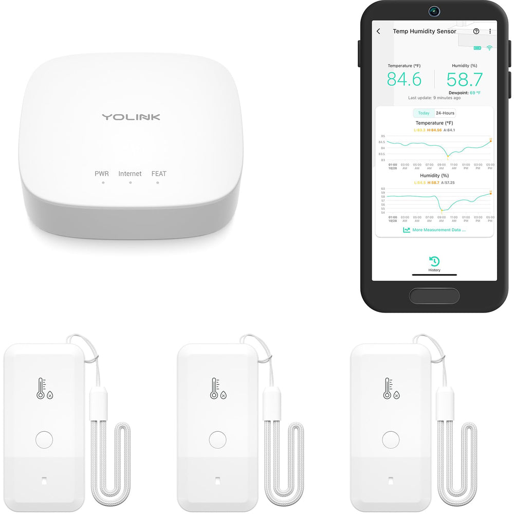 YoLink hub and three sensors shown together for easy setup and broad coverage
