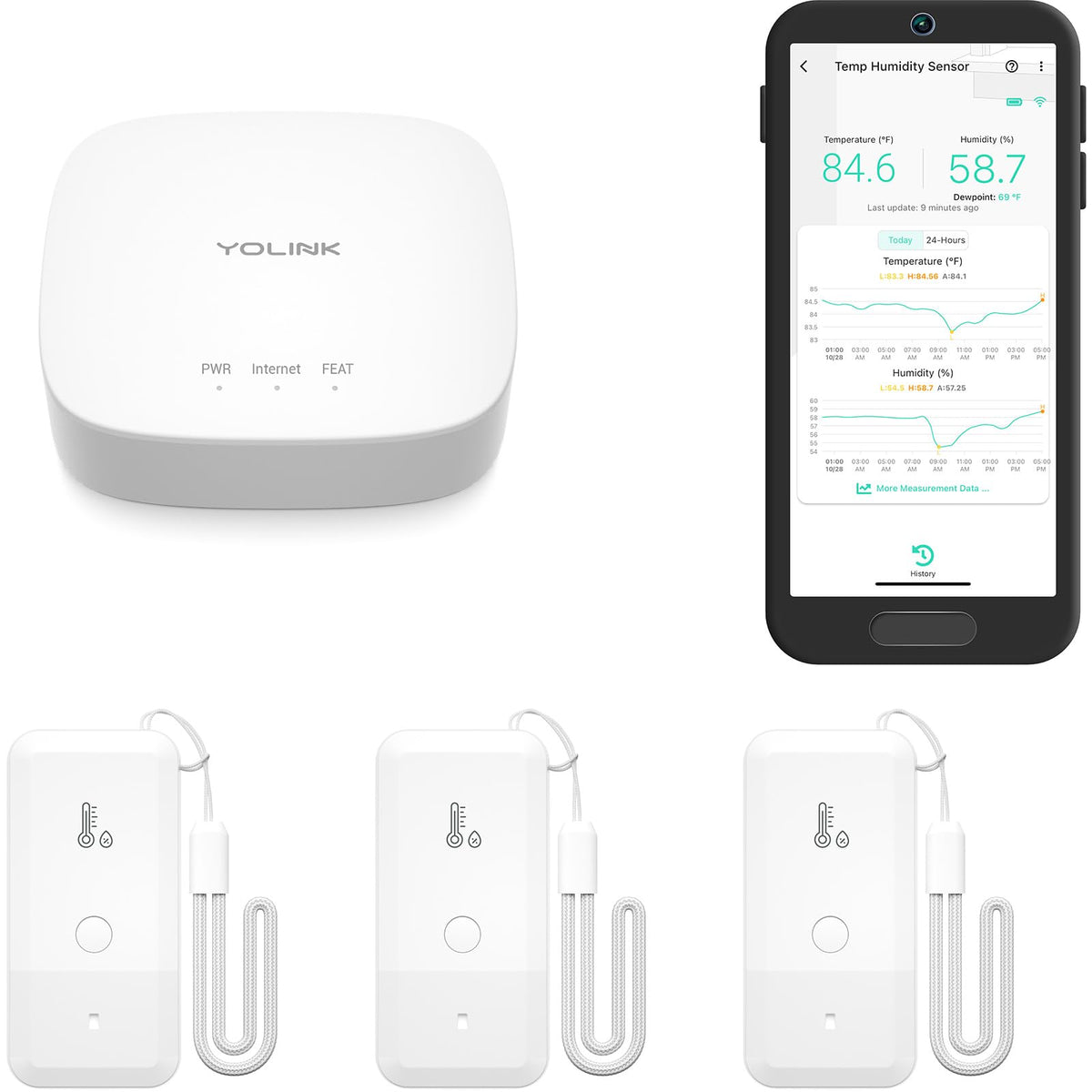 YoLink hub and three sensors shown together for easy setup and broad coverage