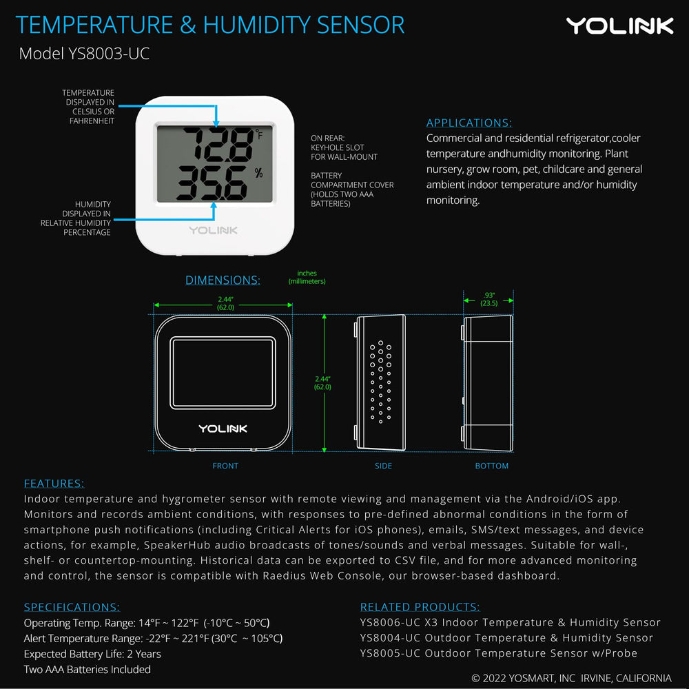 YoLink app screenshot showing alert notification and temperature history on phone