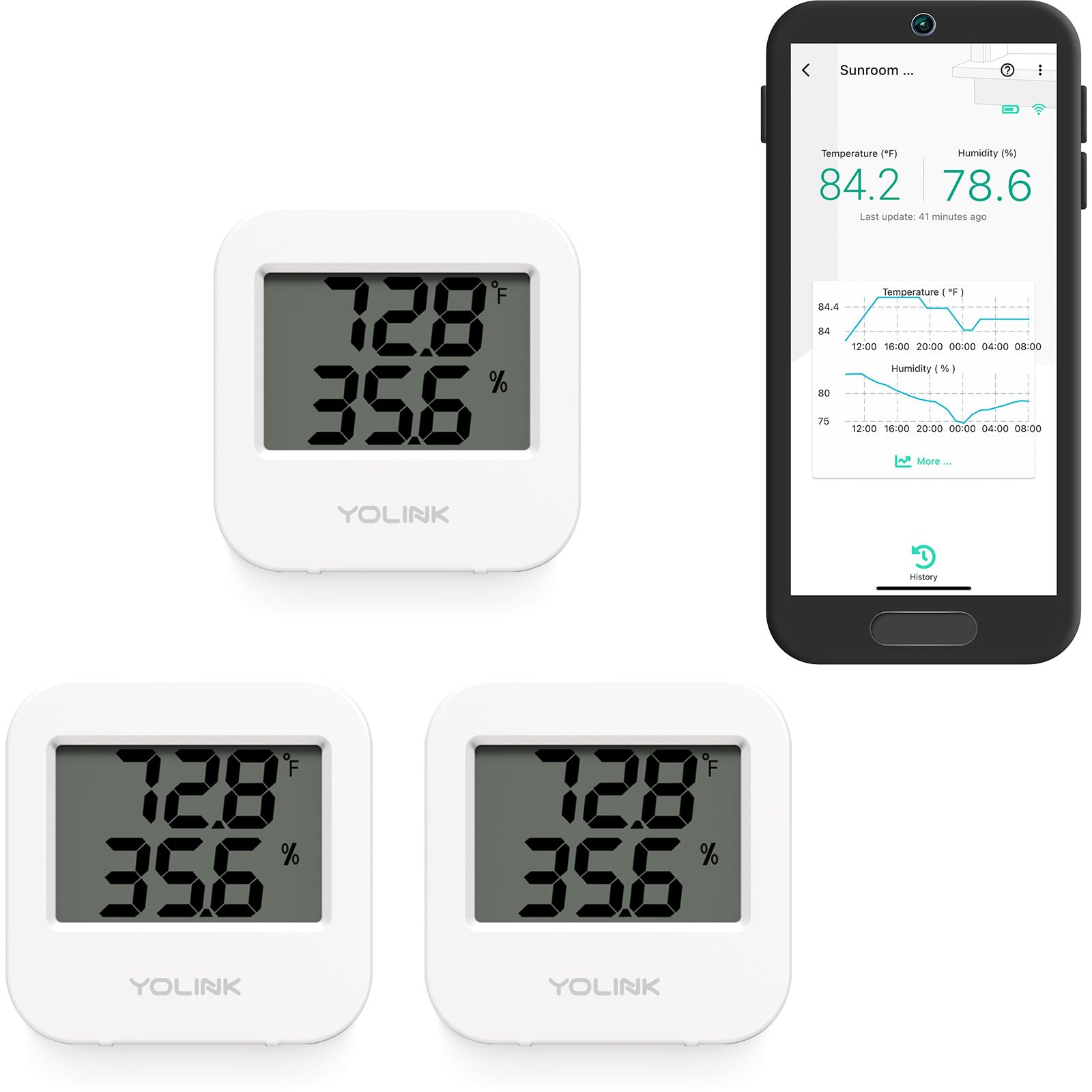 YoLink front view showing compact sensor and clear labeling for easy installation