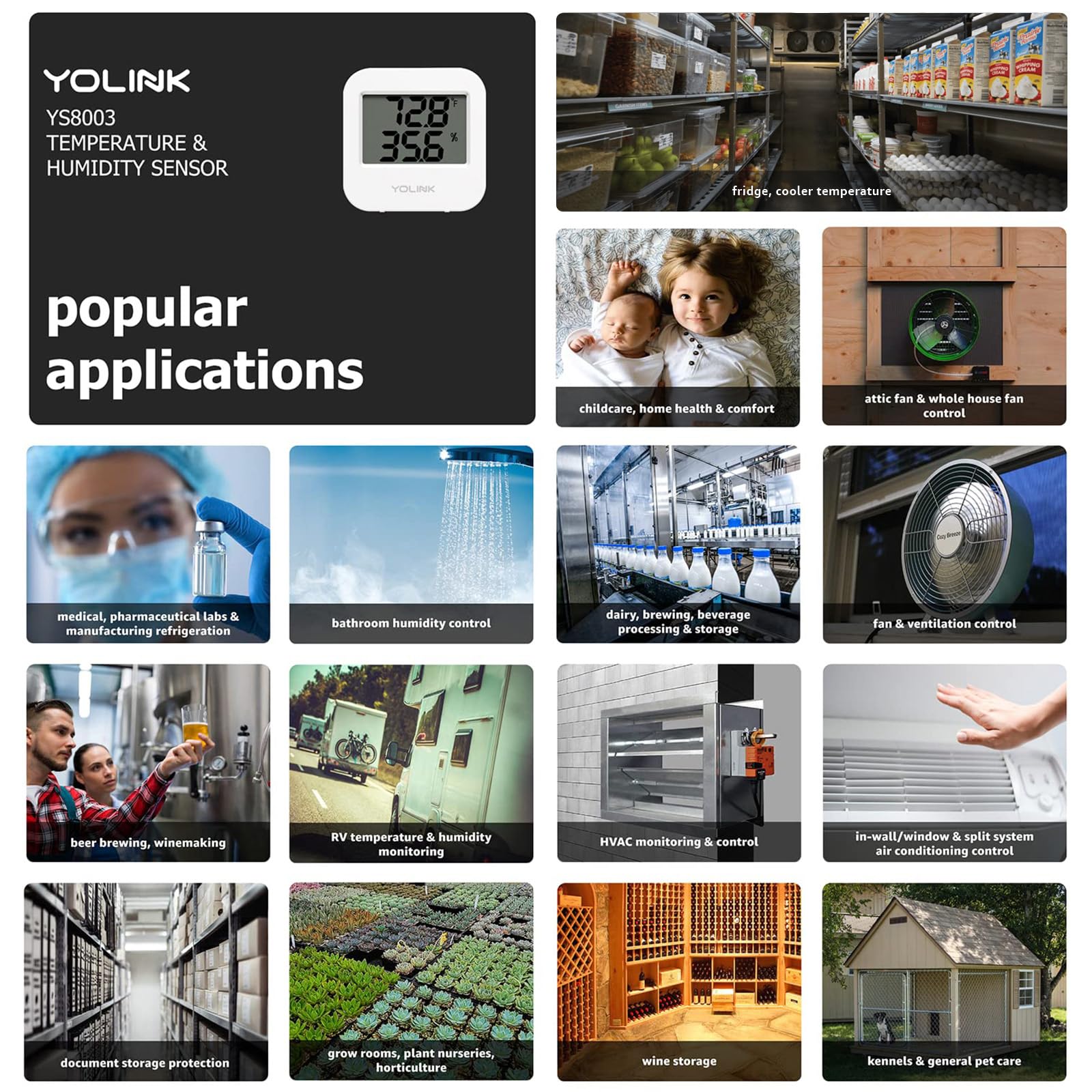 YoLink sensor mounted inside fridge demonstrating cold monitoring and food safety