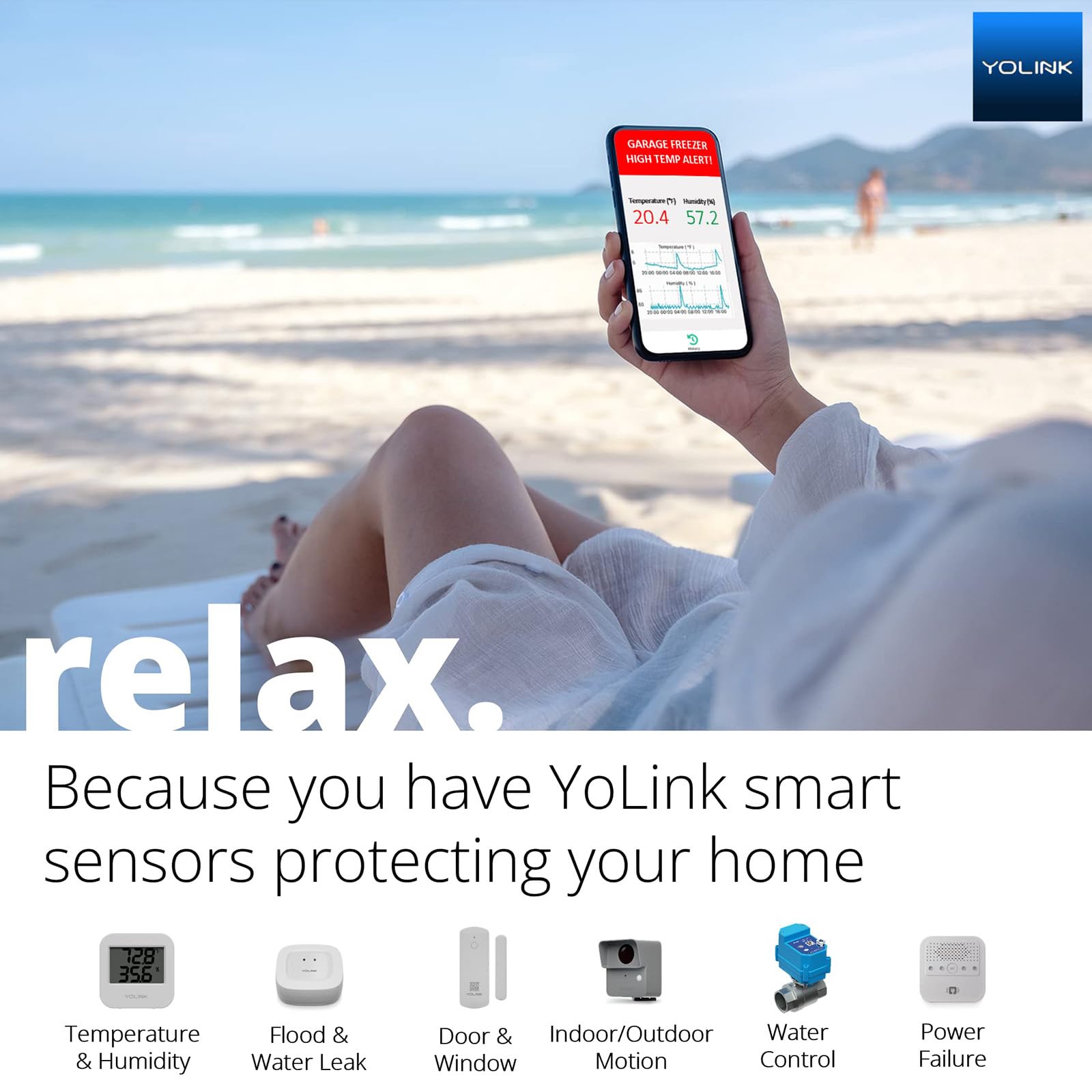 YoLink sensor next to YoLink hub showing scale and system expandability advantage