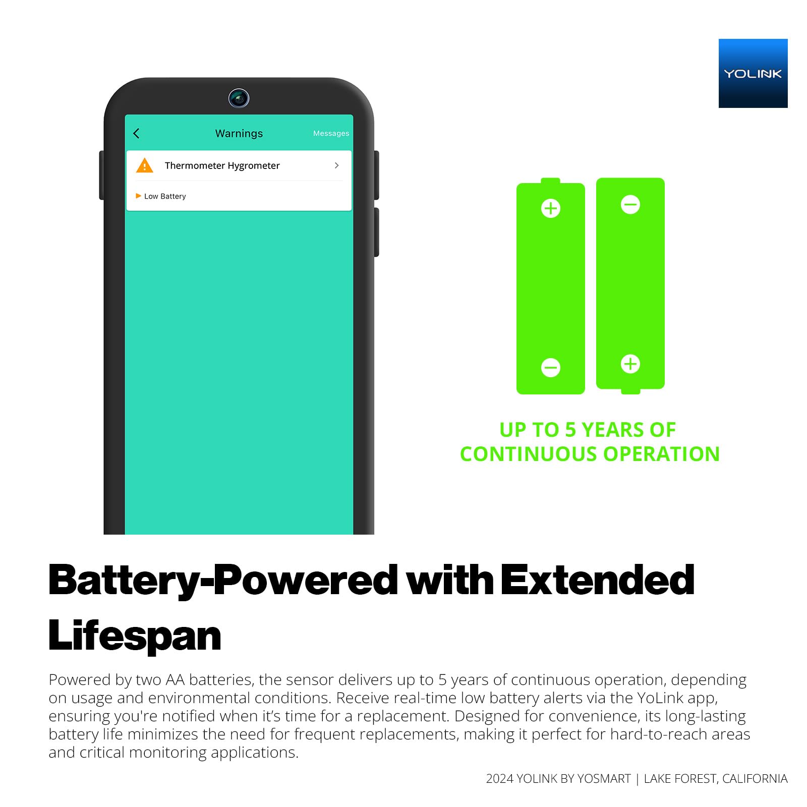 YoLink next to AA batteries showing battery-powered five-year potential