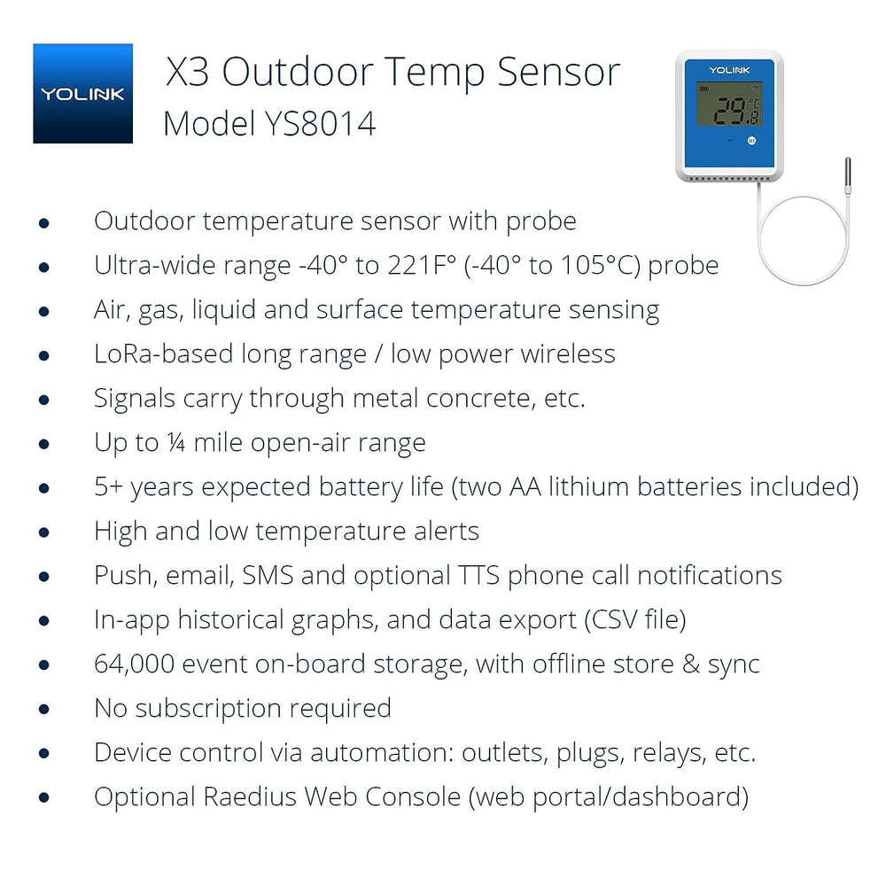 YoLink X3 probe close-up displays stainless probe tip for accurate liquid temperature readings