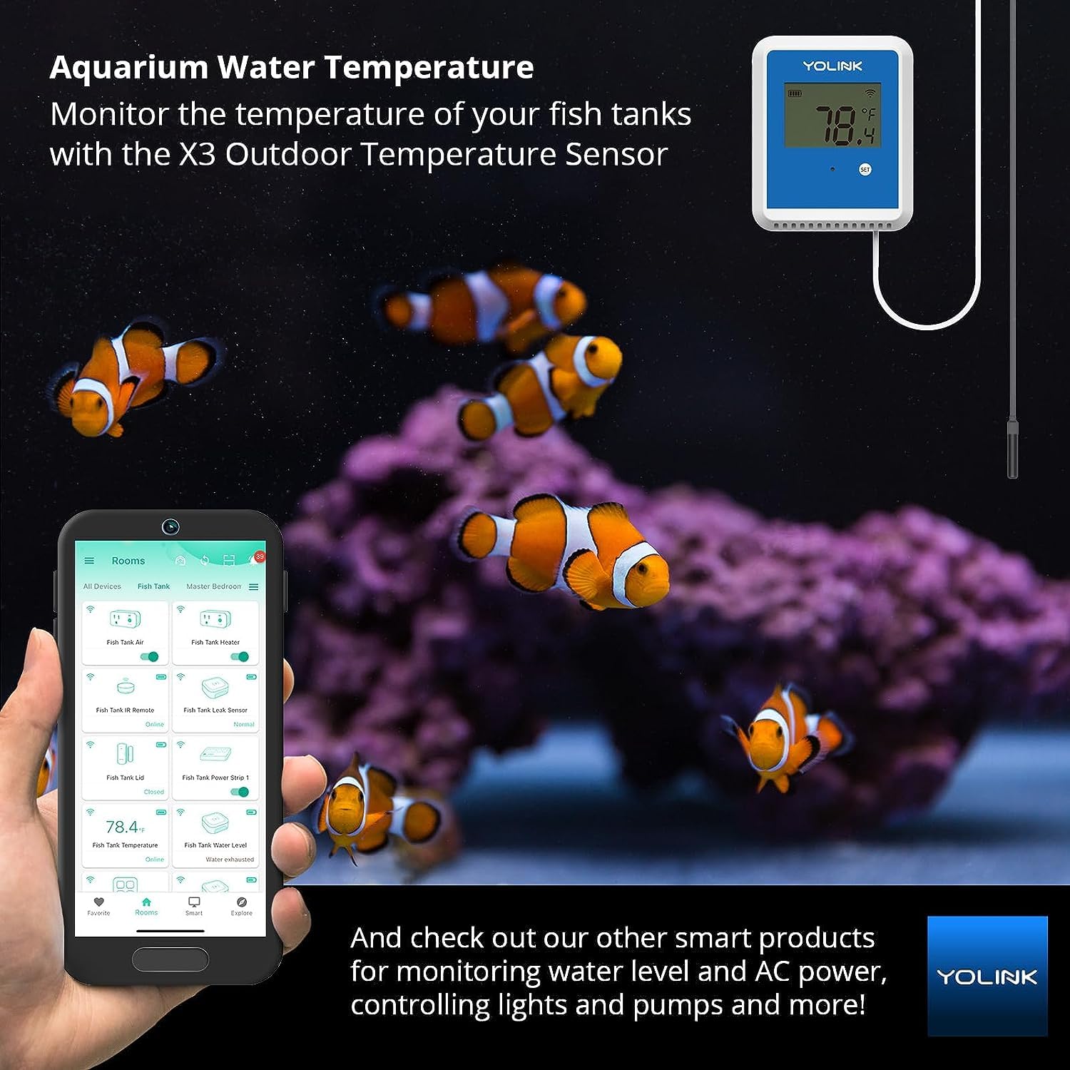 YoLink X3 probe placed in pool water providing live temperature measurement for safety