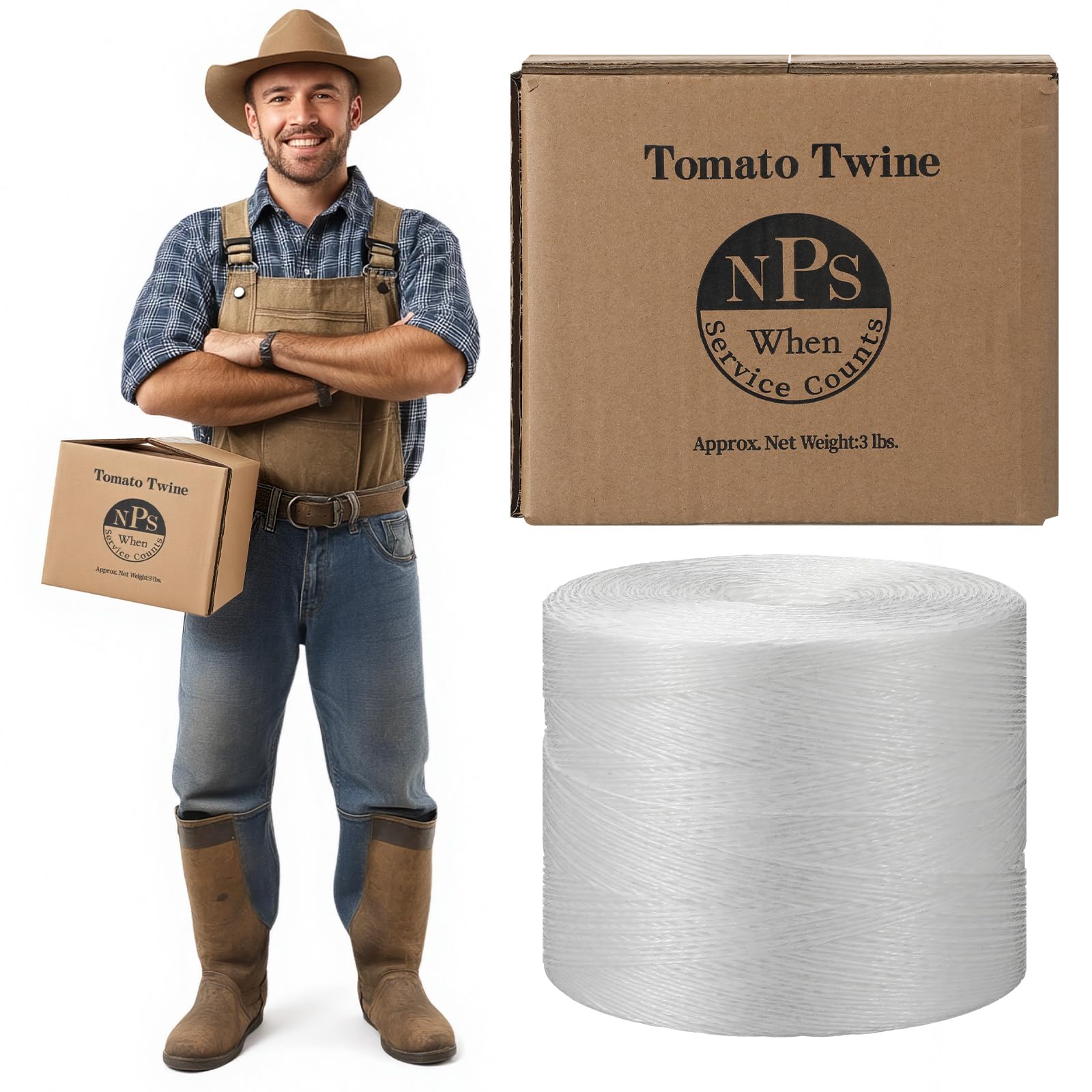 Yoojahow front box showing twine roll, clear labeling and tidy dispenser benefit