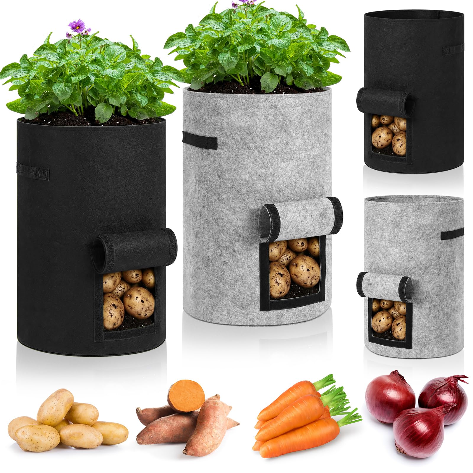 Yoojahow front view of four 30-gallon grow bags showing space-saving set up