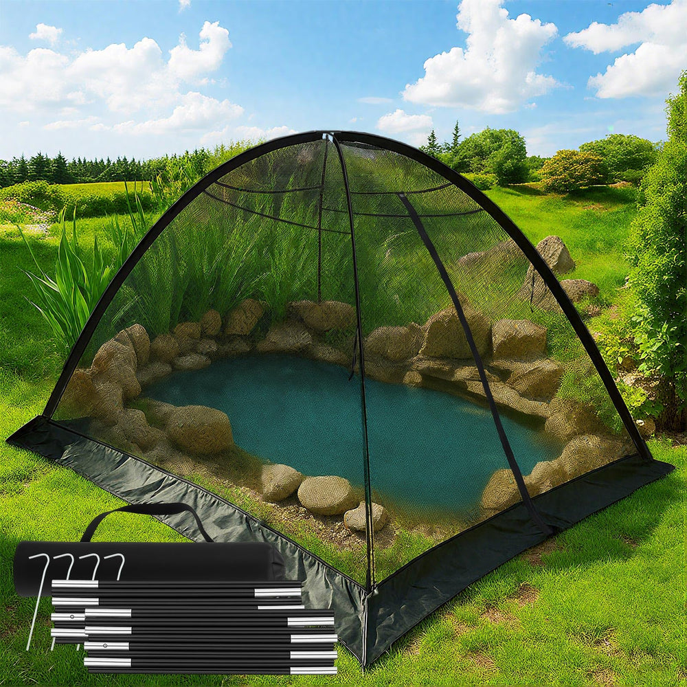 Yoojahow dome net front view showing full pond coverage and tidy protection