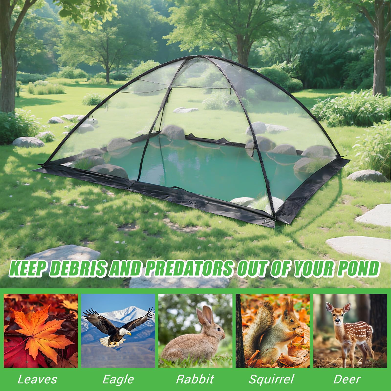 Yoojahow dome installed over backyard pond blocking leaves and predators