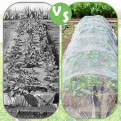 Yoojahow net draped over raised bed protects crops and allows rain