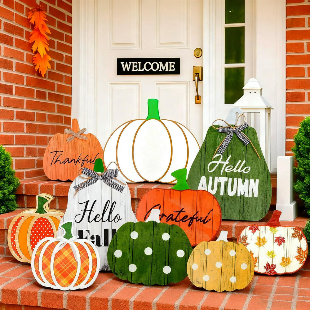 Yookeer front view showing ten wooden pumpkin signs, seasonal curb appeal