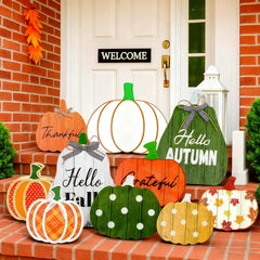 Yookeer front view showing ten wooden pumpkin signs, seasonal curb appeal
