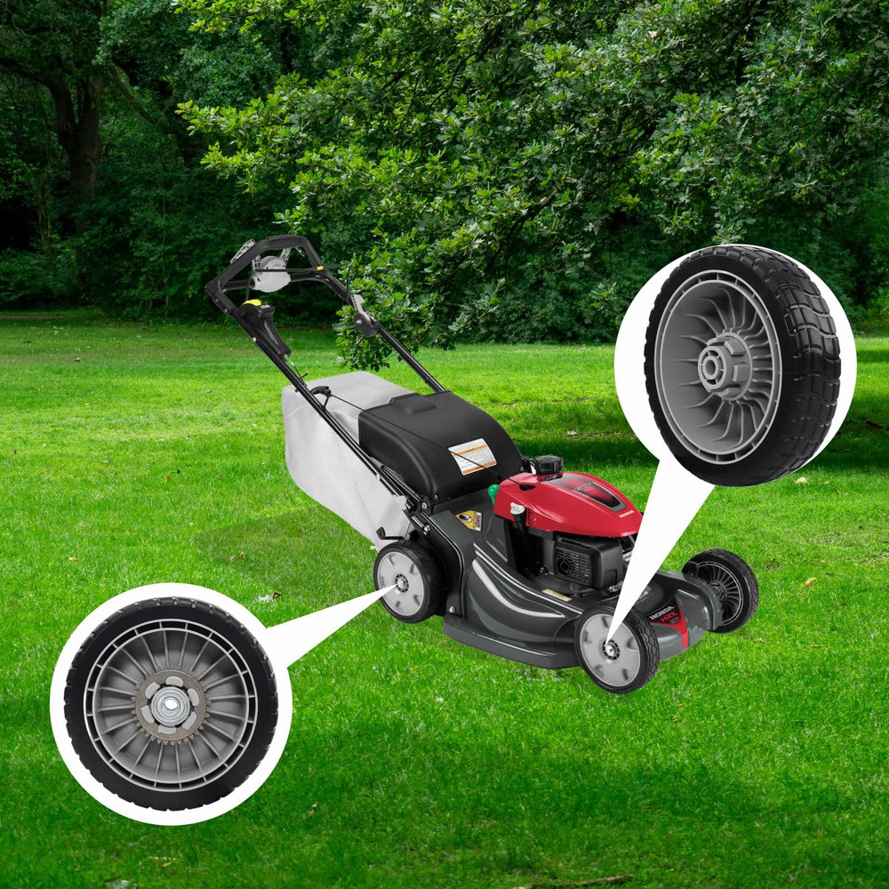 Yooumine wheel beside ruler showing accurate 8-inch size for 21-inch mowers