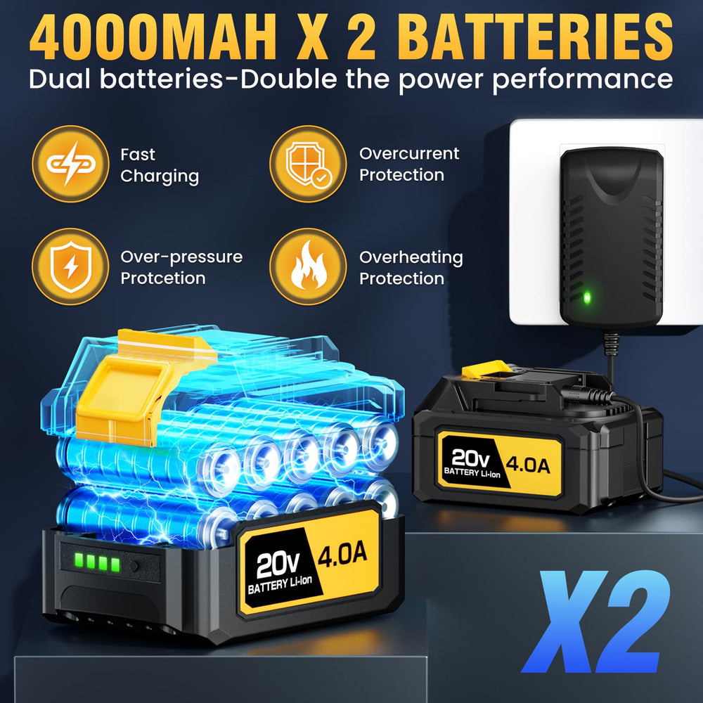 YOOVL two 4.0Ah batteries and fast charger displayed for longer runtime