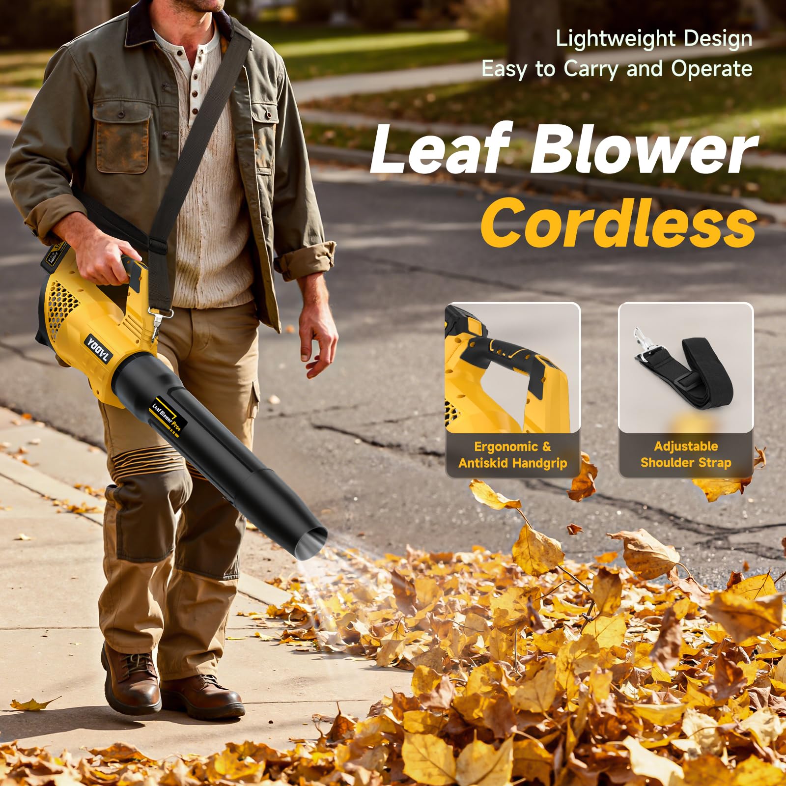 YOOVL in use blowing leaves from lawn showing effective debris clearance benefit