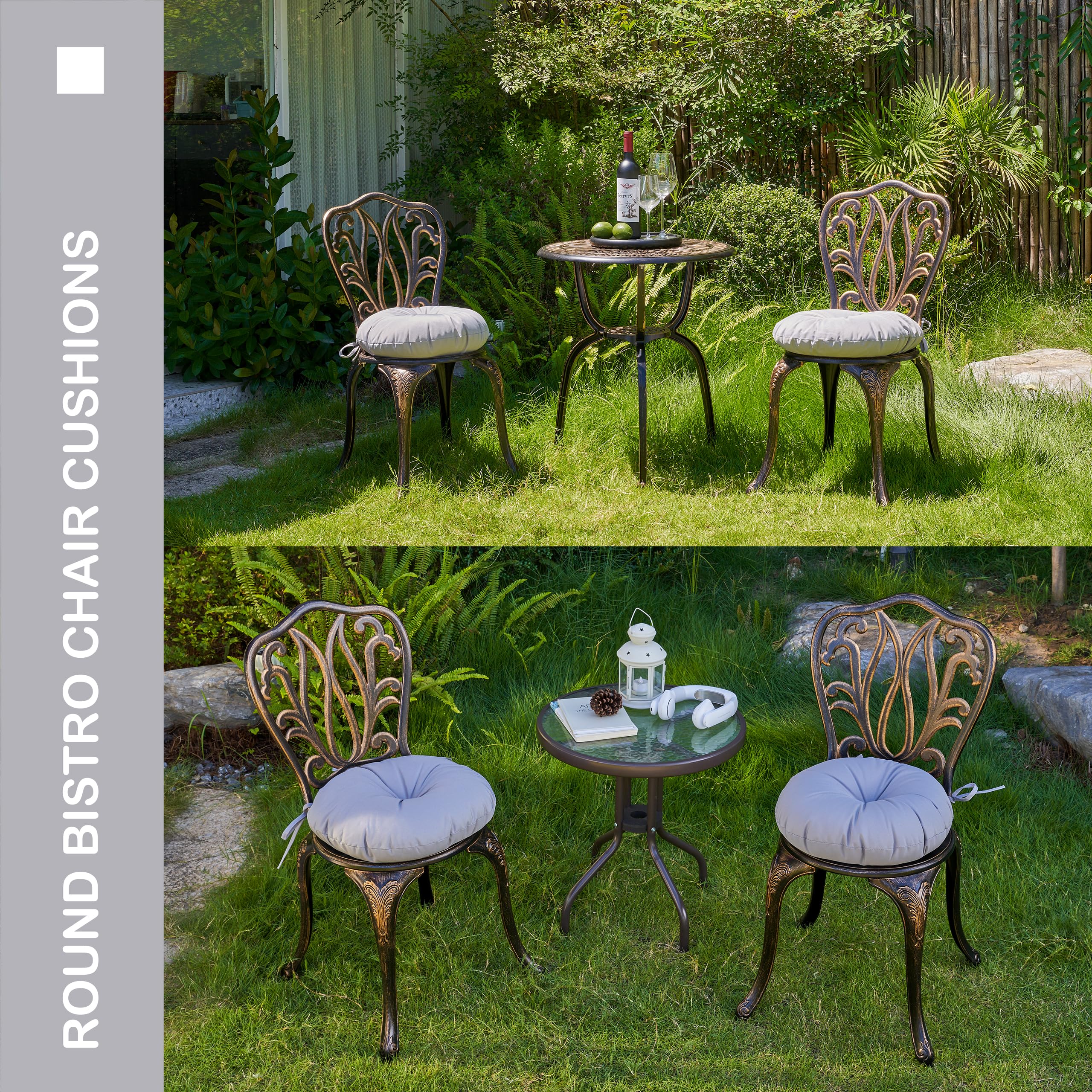 YOOZEKU cushions on outdoor bistro chairs on patio showing added comfort benefit