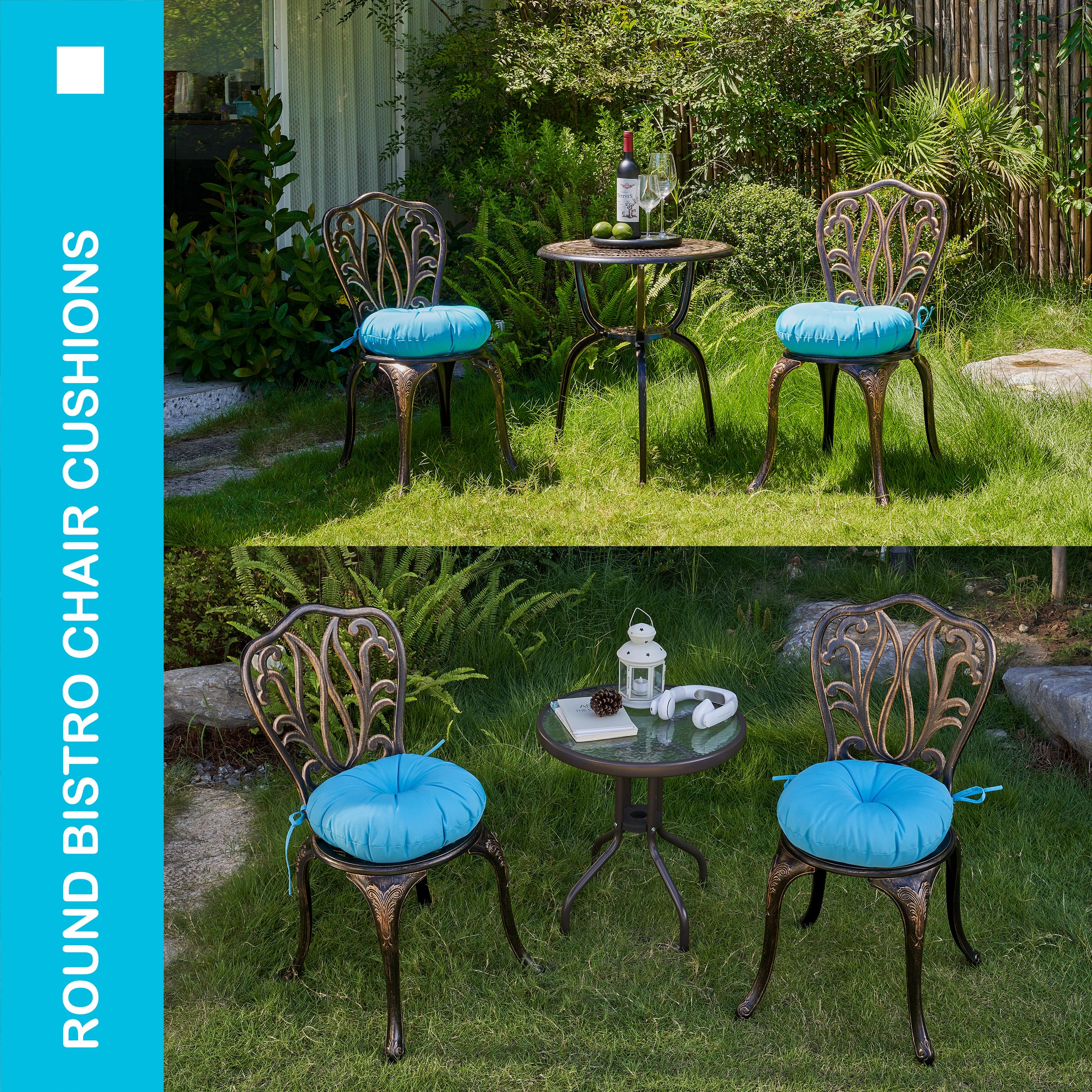 YOOZEKU pair displayed on outdoor bistro chairs adding color and comfortable seating