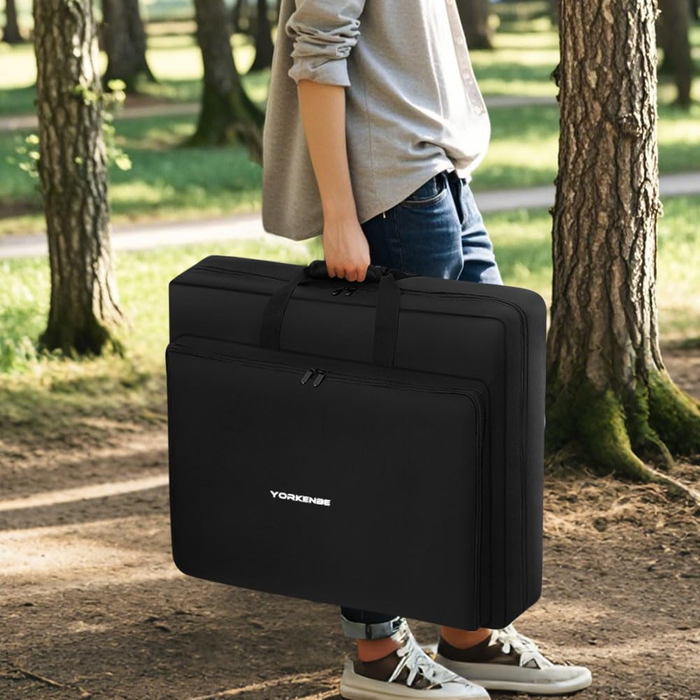 Yorkenbe bag holding two folded solar panels demonstrating spacious capacity