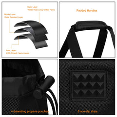 Yorkenbe side pockets holding propane canisters for organized storage