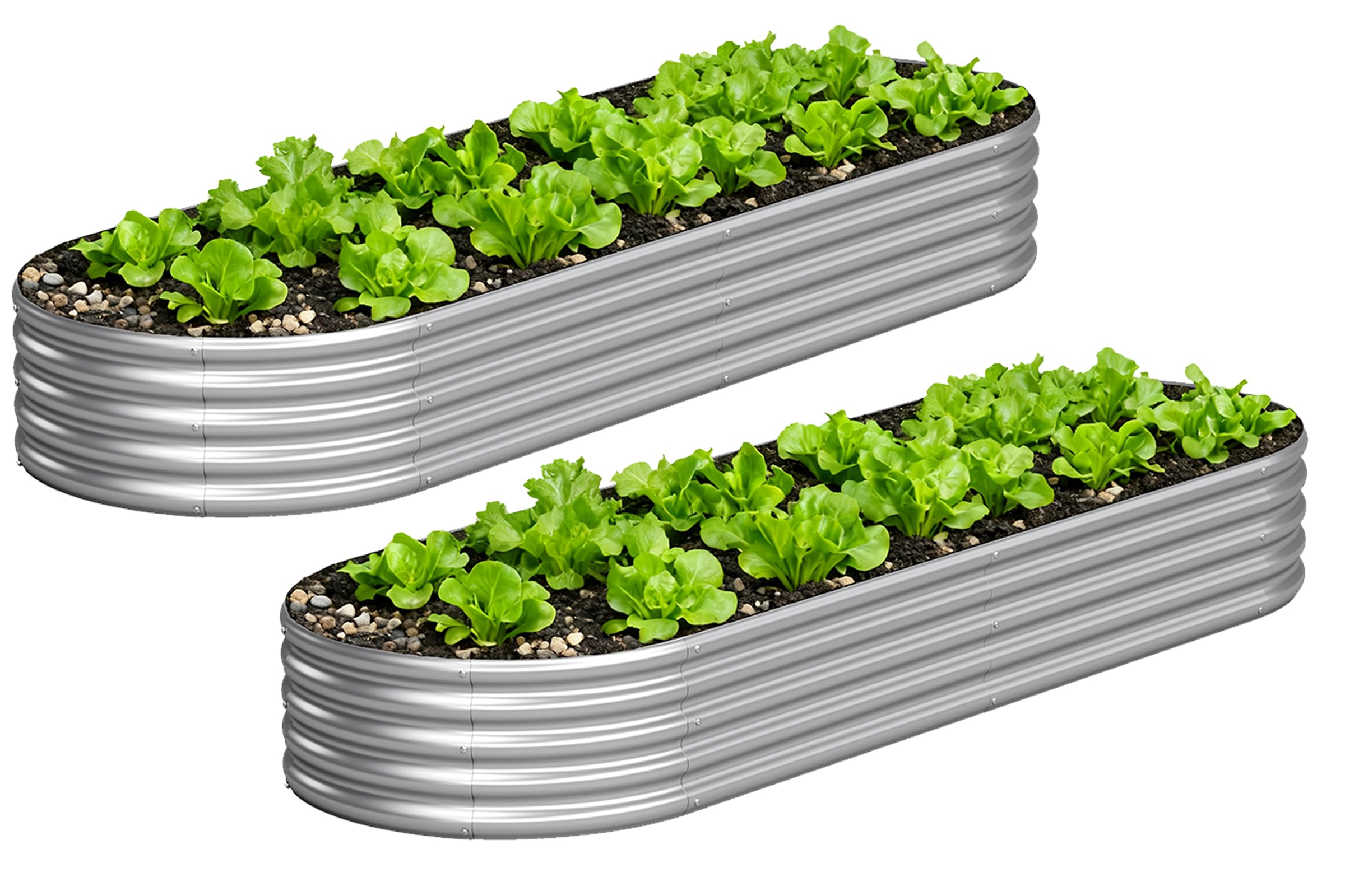 Yortrek front view of two packaged galvanized planter beds showing space saving