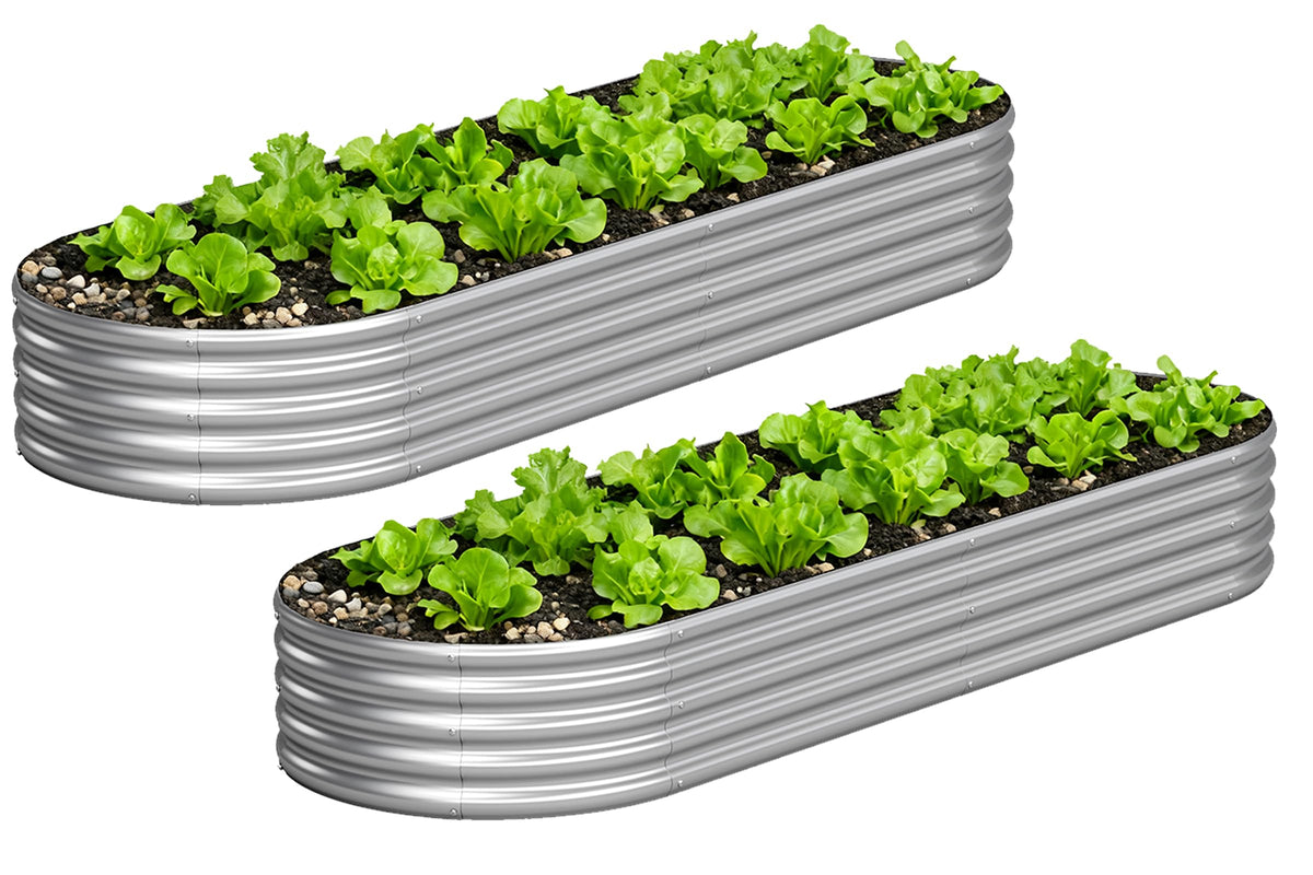 Yortrek front view of two packaged galvanized planter beds showing space saving