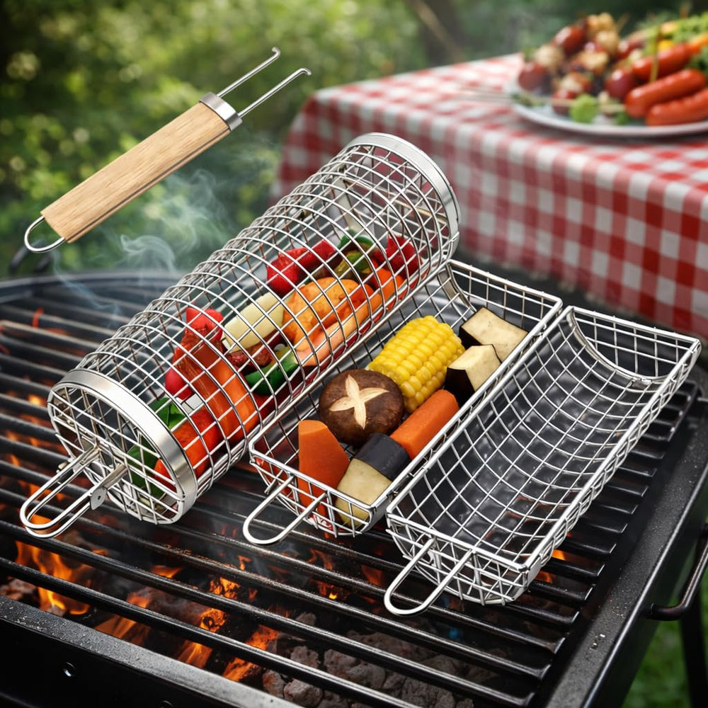 YORZSDI front view of rolling grill basket showing cylinder and latch for even grilling