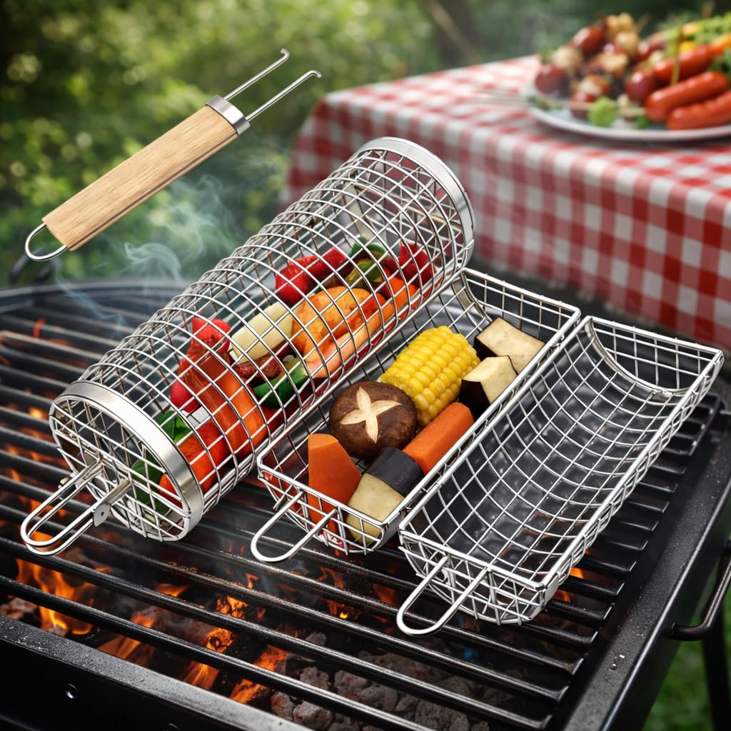 YORZSDI front view of rolling grill basket showing cylinder and latch for even grilling