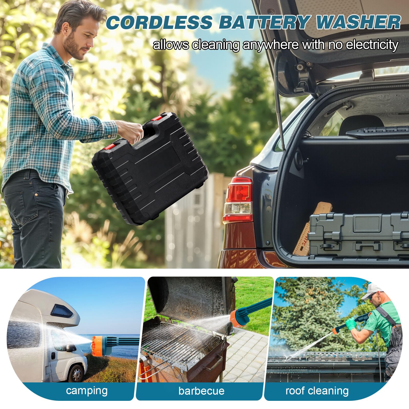 Yospinber cordless washer cleaning a car illustrating easy outdoor use