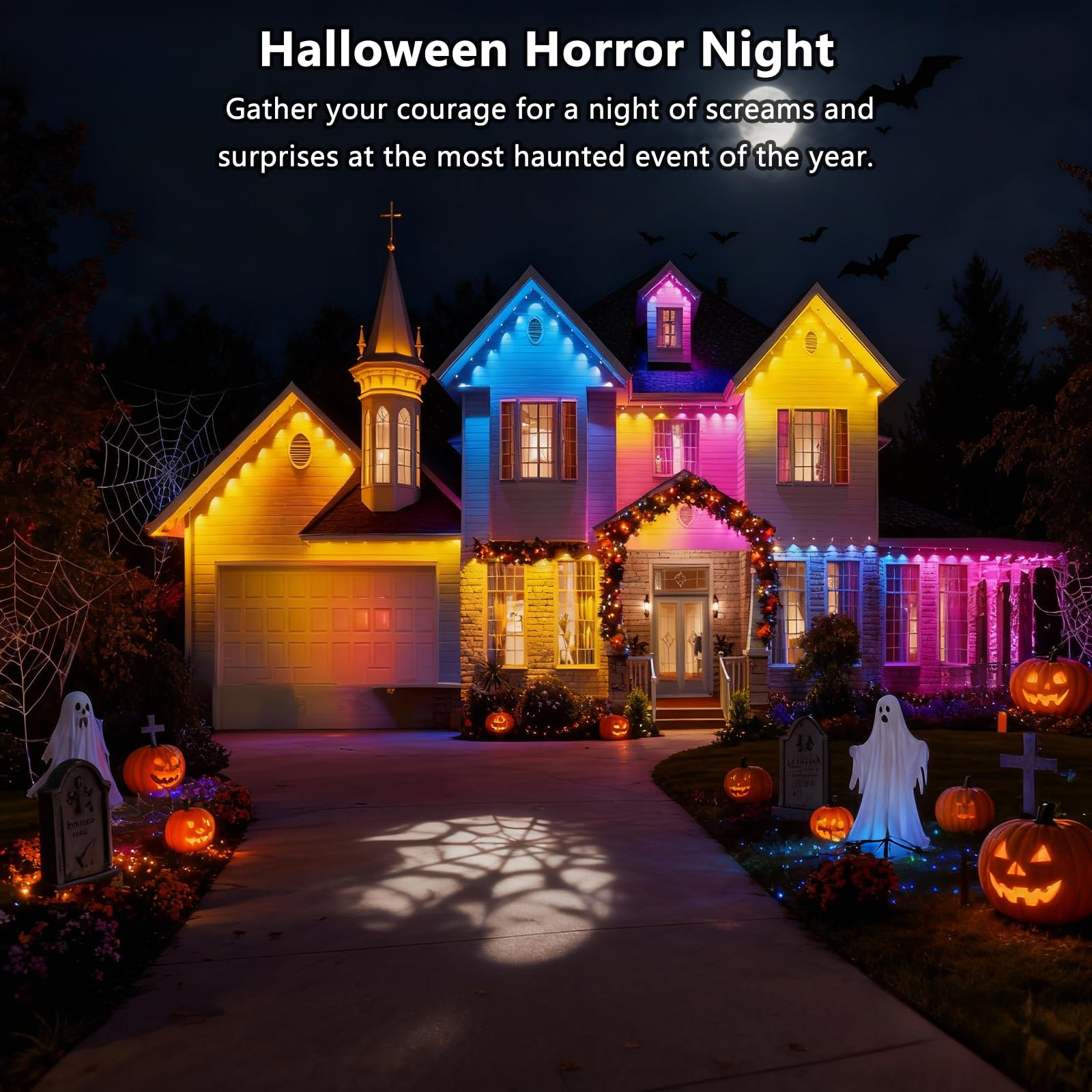 YOUBST mounted on house eaves at night demonstrating curb appeal and ambience