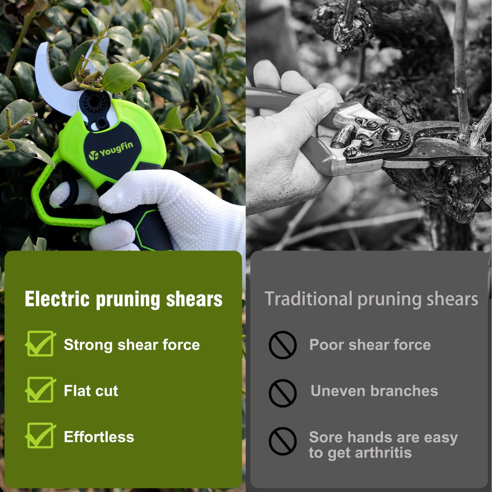 Yougfin cutting a 30mm branch in action, delivering efficient, clean cuts